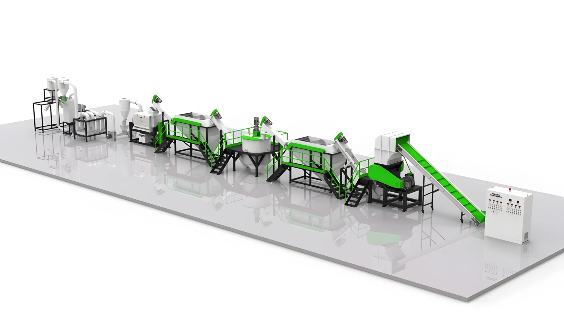 en computergenereret model af en HDPE (High-Density Polyethylene) og PP (Polypropylen) stiv plastmakulerings- og genbrugslinje. Dette komplette system indeholder forskellige moduler i hvid og grøn, som hver især er ansvarlige for forskellige stadier af genbrugsprocessen, herunder makulering, vask, tørring og pelletering. Opsætningen er designet til effektivt at behandle store mængder plastaffald til genanvendelige piller. Denne linje er afgørende i genbrugsindustrien for at reducere plastaffald og gøre det til en værdifuld ressource, der hjælper med at fremme bæredygtighed og reducere miljøpåvirkningen.