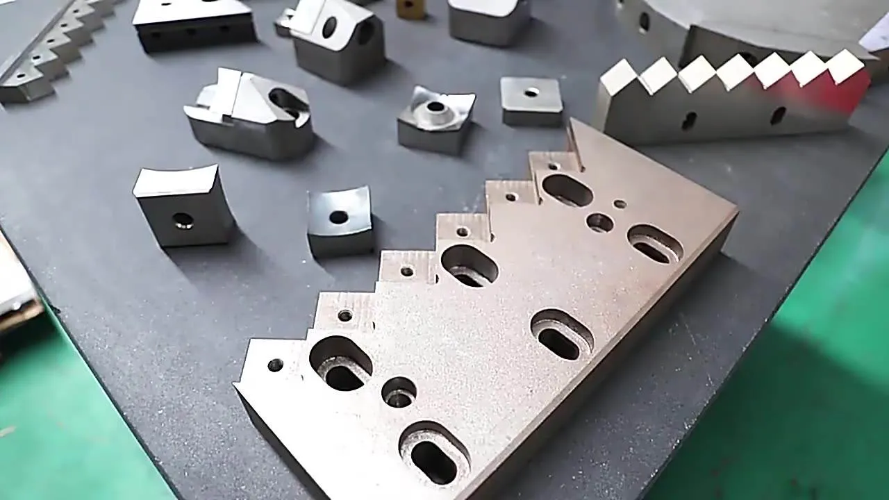 Metal cutting blades for crushers and shredders in plastic recycling, showcasing different designs like serrated edges and various attachment points