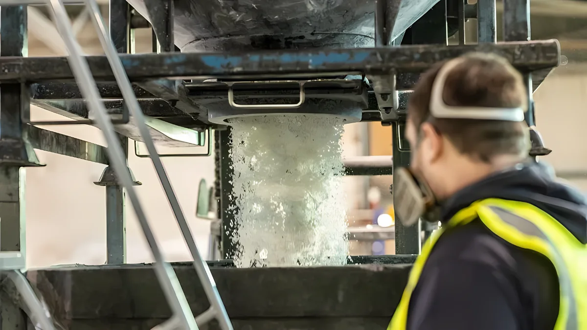 un lavoratore che osserva un processo industriale in cui un flusso di scaglie o pellet di plastica cade in quello che sembra essere un contenitore di raccolta o una tramoggia. Il lavoratore indossa dispositivi di protezione individuale, tra cui un giubbotto ad alta visibilità e una protezione acustica, il che suggerisce un'attenzione alla sicurezza in un ambiente potenzialmente rumoroso. Questa scena potrebbe essere parte di un'operazione di riciclaggio della plastica in cui i materiali plastici sminuzzati vengono ulteriormente elaborati. Dopo essere stati lavati e sminuzzati in scaglie, la plastica viene spesso smistata per tipo e colore, quindi fusa ed estrusa in pellet, che servono come materia prima per la produzione di nuovi prodotti in plastica. La macchina da cui cadono i materiali plastici potrebbe essere parte di una linea di pellettizzazione o potrebbe essere parte di un sistema di smistamento in cui i materiali vengono setacciati e separati. Il flusso continuo di materiale indica un processo di riciclaggio automatizzato ed efficiente, fondamentale per la gestione di grandi quantità di materiale in un impianto di riciclaggio.