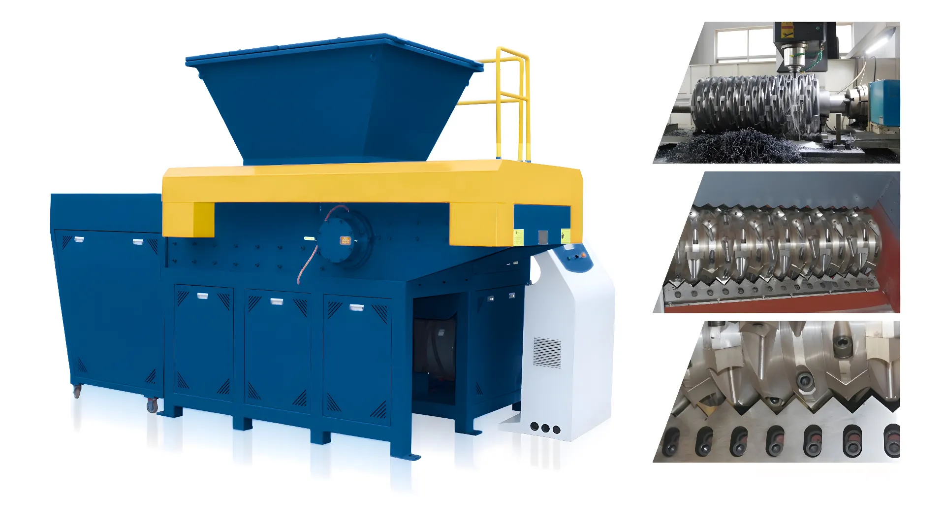 a large industrial single shaft shredder machine, primarily used for processing soft materials like plastics. The main unit is painted in blue and yellow, and it features a large hopper for material input. Insets in the image provide detailed views of the shredder’s cutting mechanism, showing a complex arrangement of sharp, spiraled blades designed to efficiently tear through material. These detailed views highlight the precision engineering involved in constructing such blades, essential for effective shredding operations in recycling or manufacturing processes.