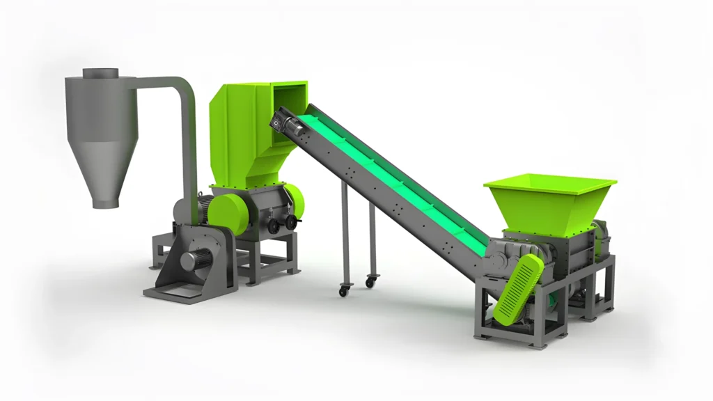 an industrial plastic shredding and crushing system. The setup includes a gray funnel-shaped hopper leading into a bright green crusher, which connects to a sloping conveyor belt, also in green, that transports processed materials to another green hopper for further handling. This assembly is mounted on a metallic gray frame with wheels for mobility, illustrating a typical setup used in plastic recycling facilities for size reduction and pre-processing of plastics.