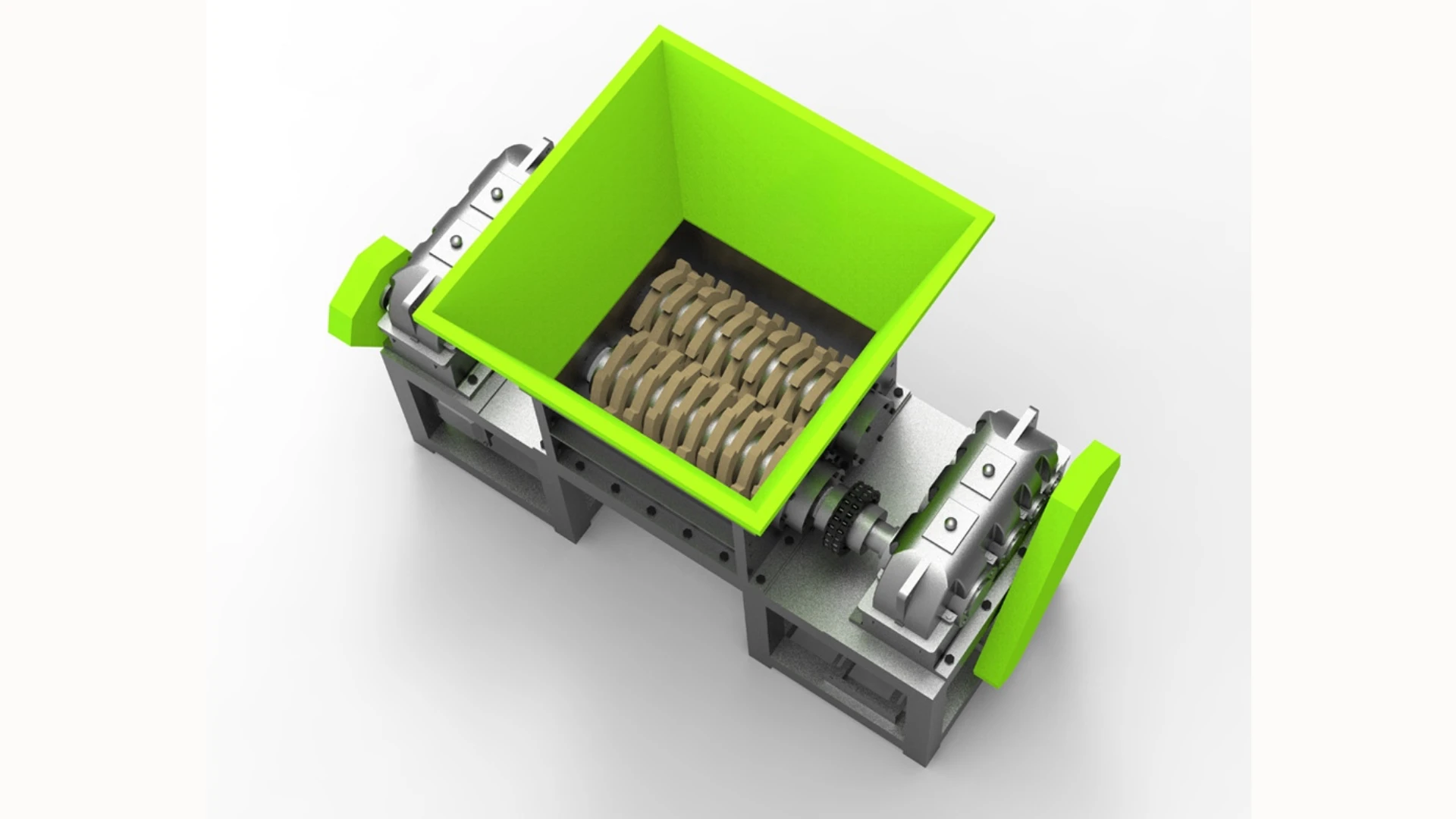 um triturador, projetado especificamente para uso industrial. Este tipo de triturador provavelmente apresenta mecanismos de corte robustos e rotativos, que são ideais para quebrar grandes volumes de materiais como plásticos, borracha ou resíduos em tamanhos menores e gerenciáveis. A área de alimentação verde brilhante enfatiza a seção de entrada da máquina, onde os materiais são introduzidos no sistema de trituração.