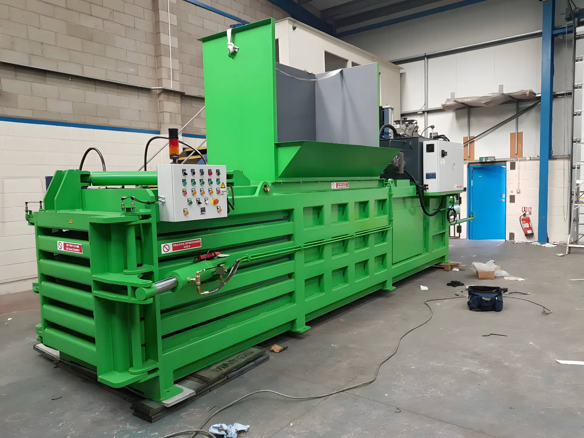 A large, green Semi-Automatic horizontal baler machine in a factory setting. The baler is used to compress recyclable materials into compact bales.