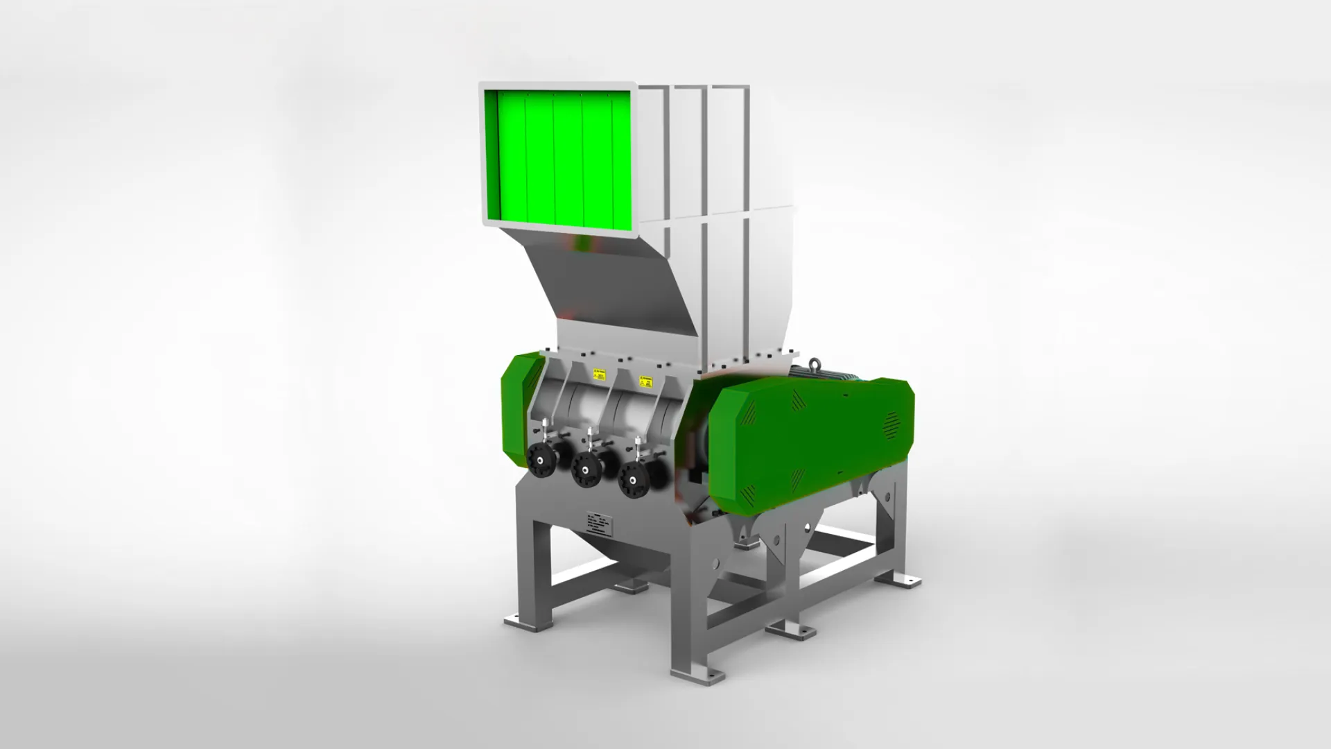 a plastic crusher/granulator, which is a vital piece of equipment in the recycling process of plastic materials. This model is depicted with a green hopper and body, with a metallic silver frame. It is designed to break down plastic items into smaller granules or flakes, which can then be processed further for recycling. The machine’s compact and robust design is typical for industrial applications where space efficiency and durability are crucial. Such machines are essential in facilitating the recycling of plastics by reducing the material into a form that can be more easily handled, washed, and reprocessed.