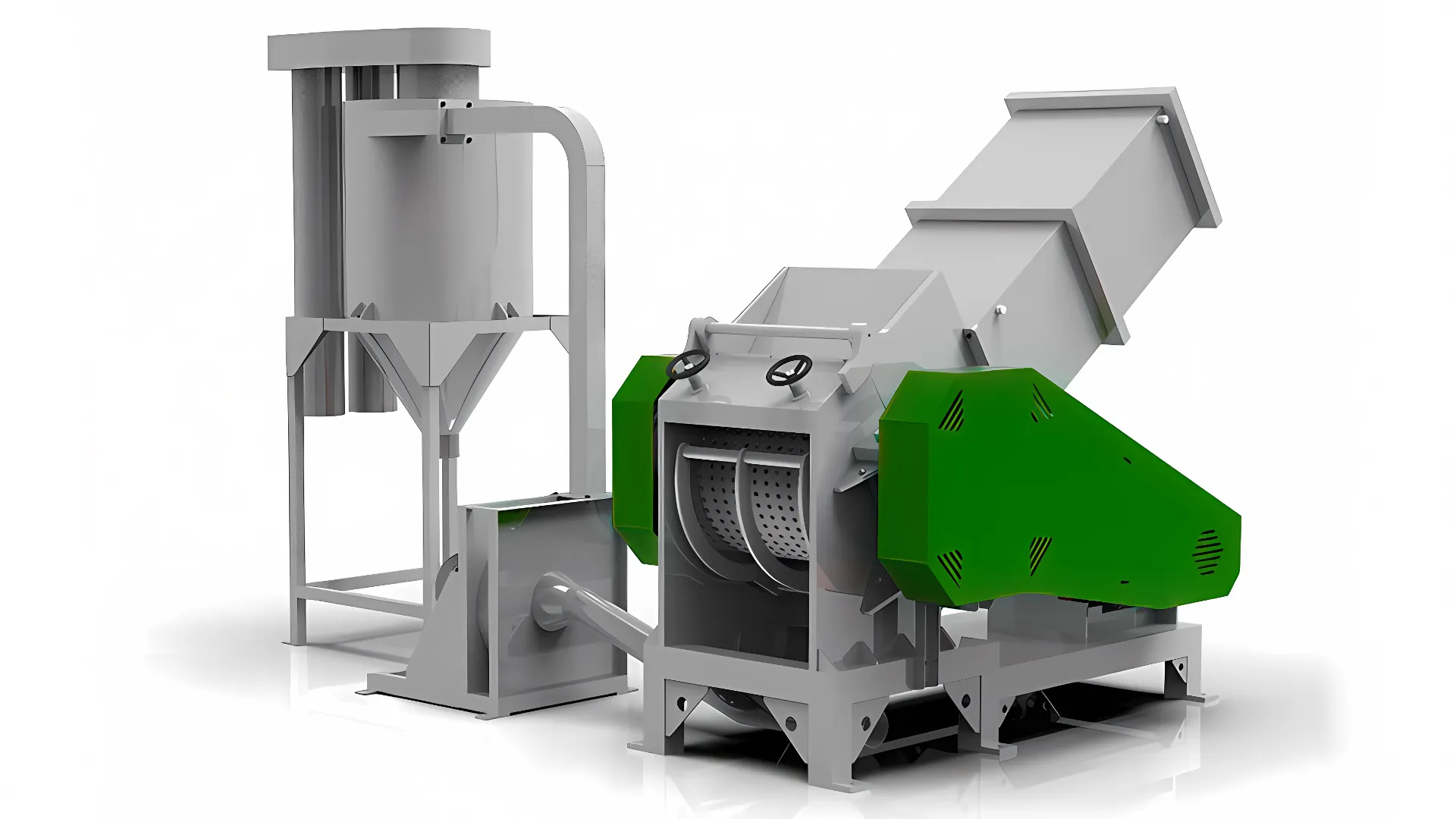 Industrial PVC pipe crusher with horizontal design, featuring a green and white crusher unit, gray feeding mechanism, and control panel, mounted on a sturdy metal frame for efficient recycling of large plastic pipes.