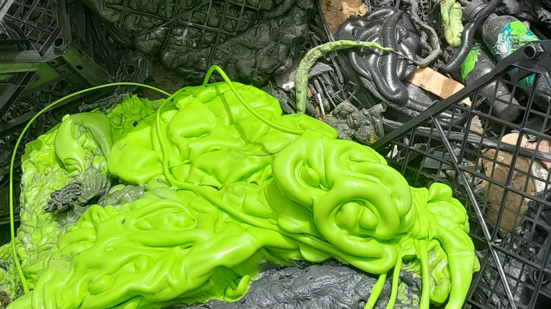 Casse di plastica verde e materiali di scarto neri, tra cui scarti della testa dell'estrusore con plastica fusa di colore verde brillante, catturati insieme a vari detriti di plastica sminuzzata.