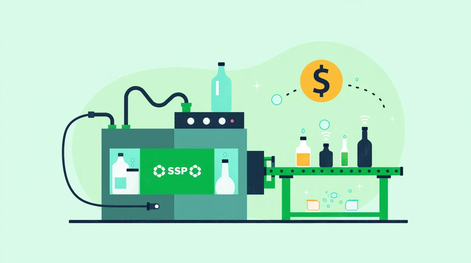 Illustrazione della linea di produzione di imbottigliamento automatizzata con simbolo di valuta