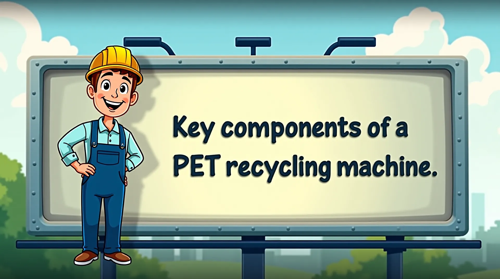 Cartoon engineer presenting PET recycling machine components.