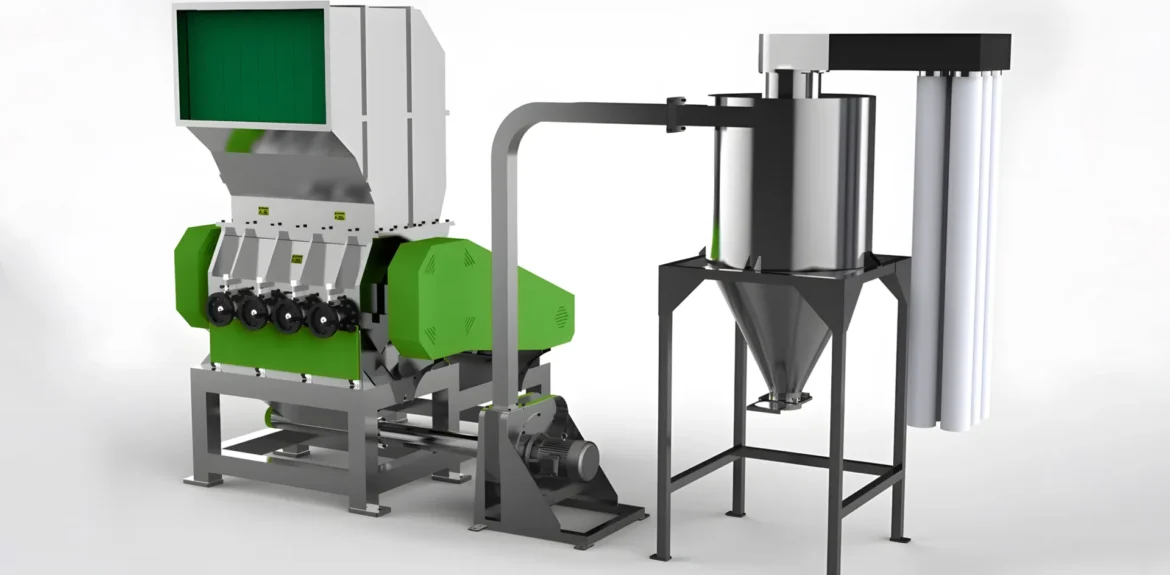 Industrial green and gray plastic granulator machine setup