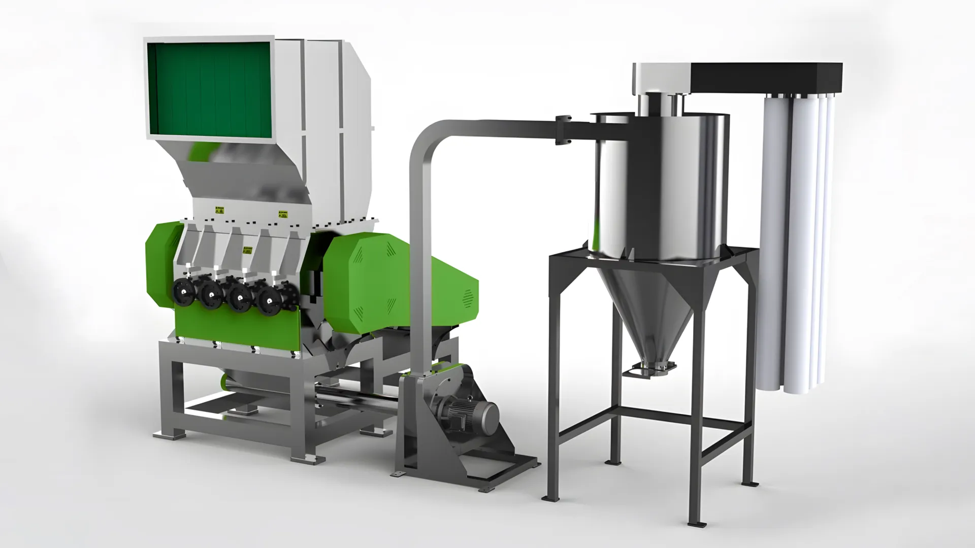 Industrial green and gray plastic granulator machine setup