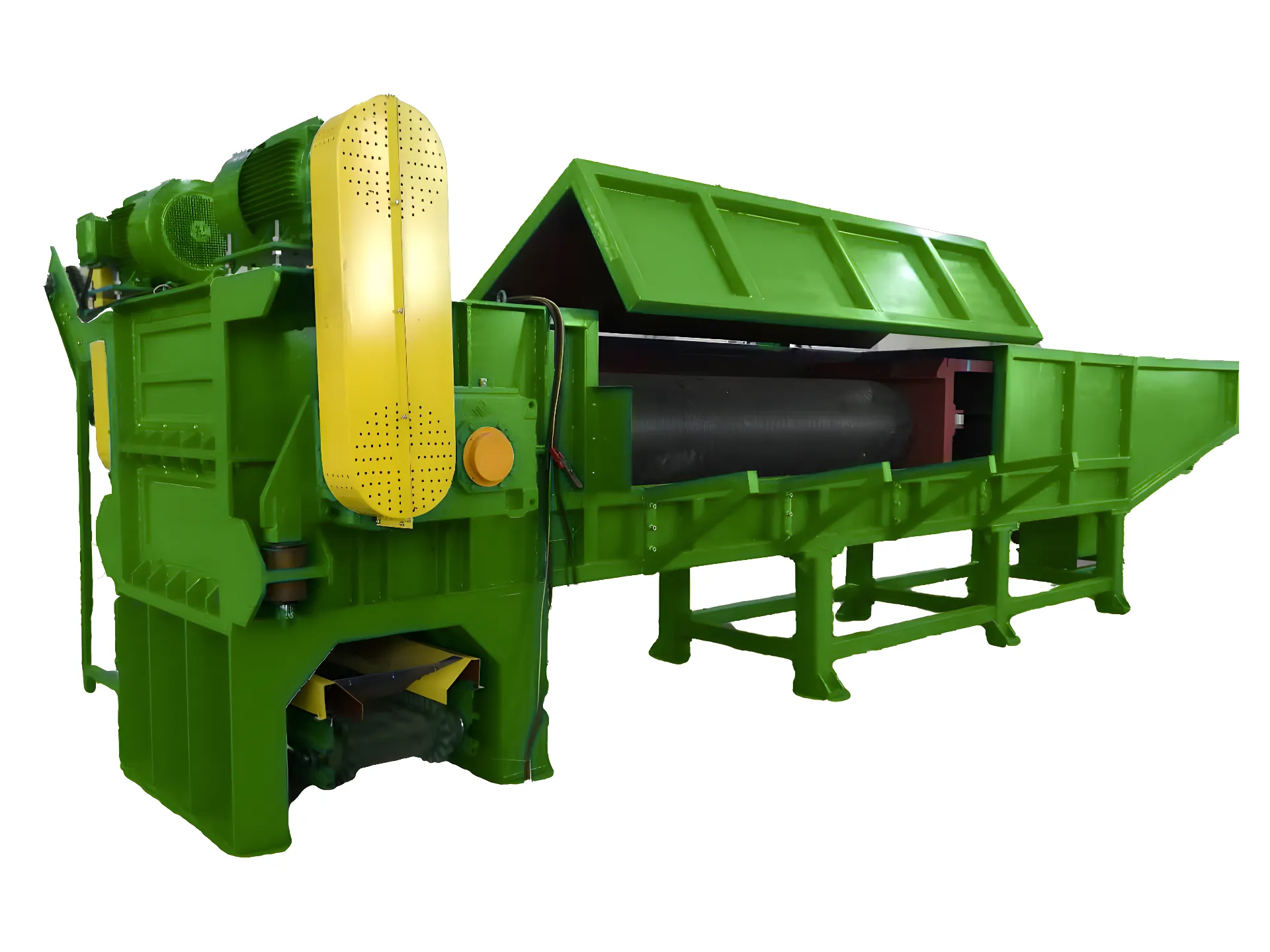 Green industrial plastic shredder machine designed for processing HDPE pipes, featuring a large feeding chamber and a heavy-duty cutting mechanism.