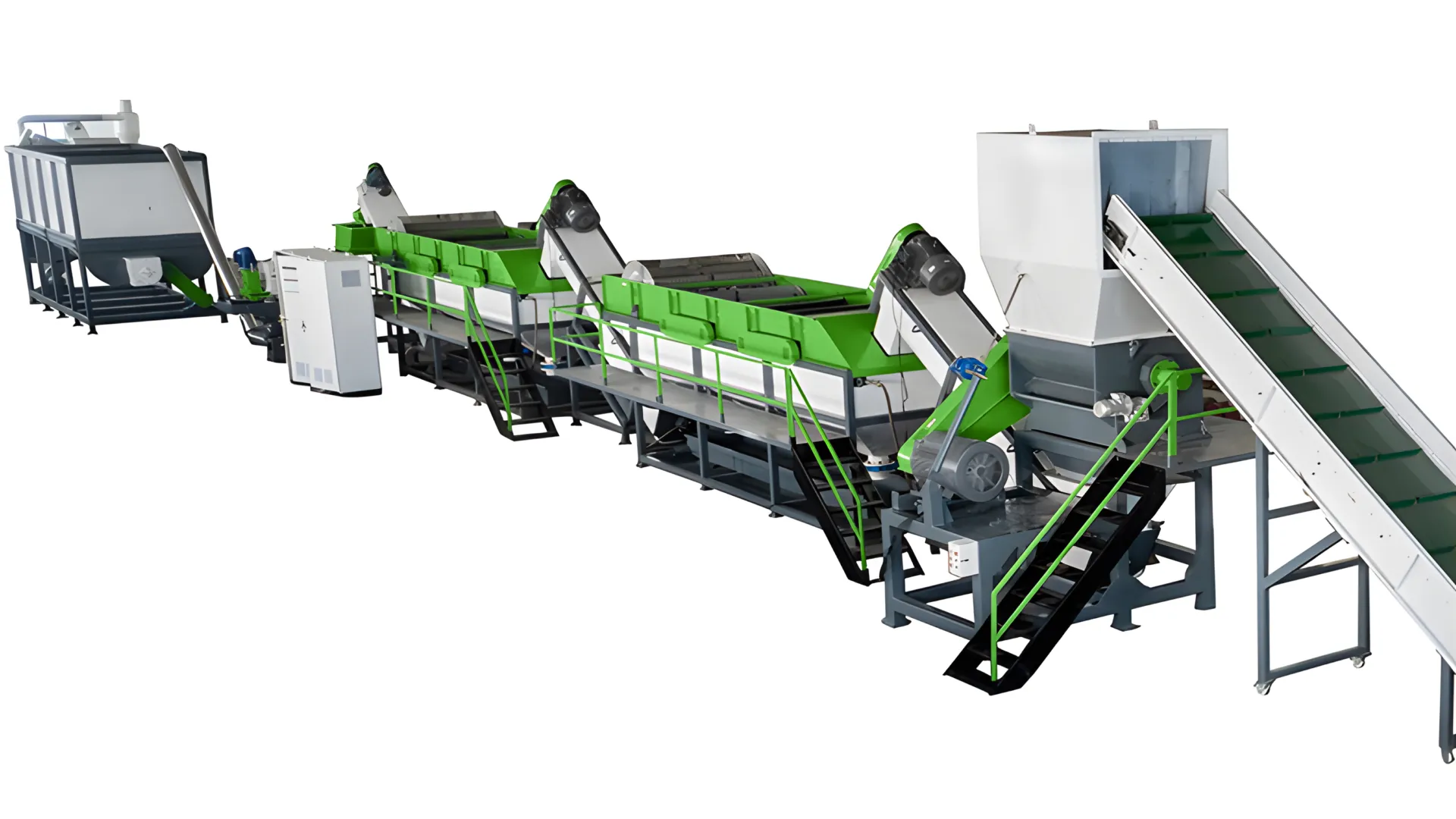 Industrial rigid plastic washing line system designed for cleaning and recycling PP, HDPE, and PVC materials.