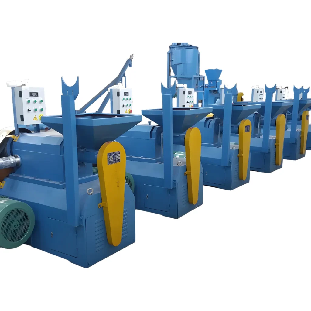 Row of blue industrial recycling machines