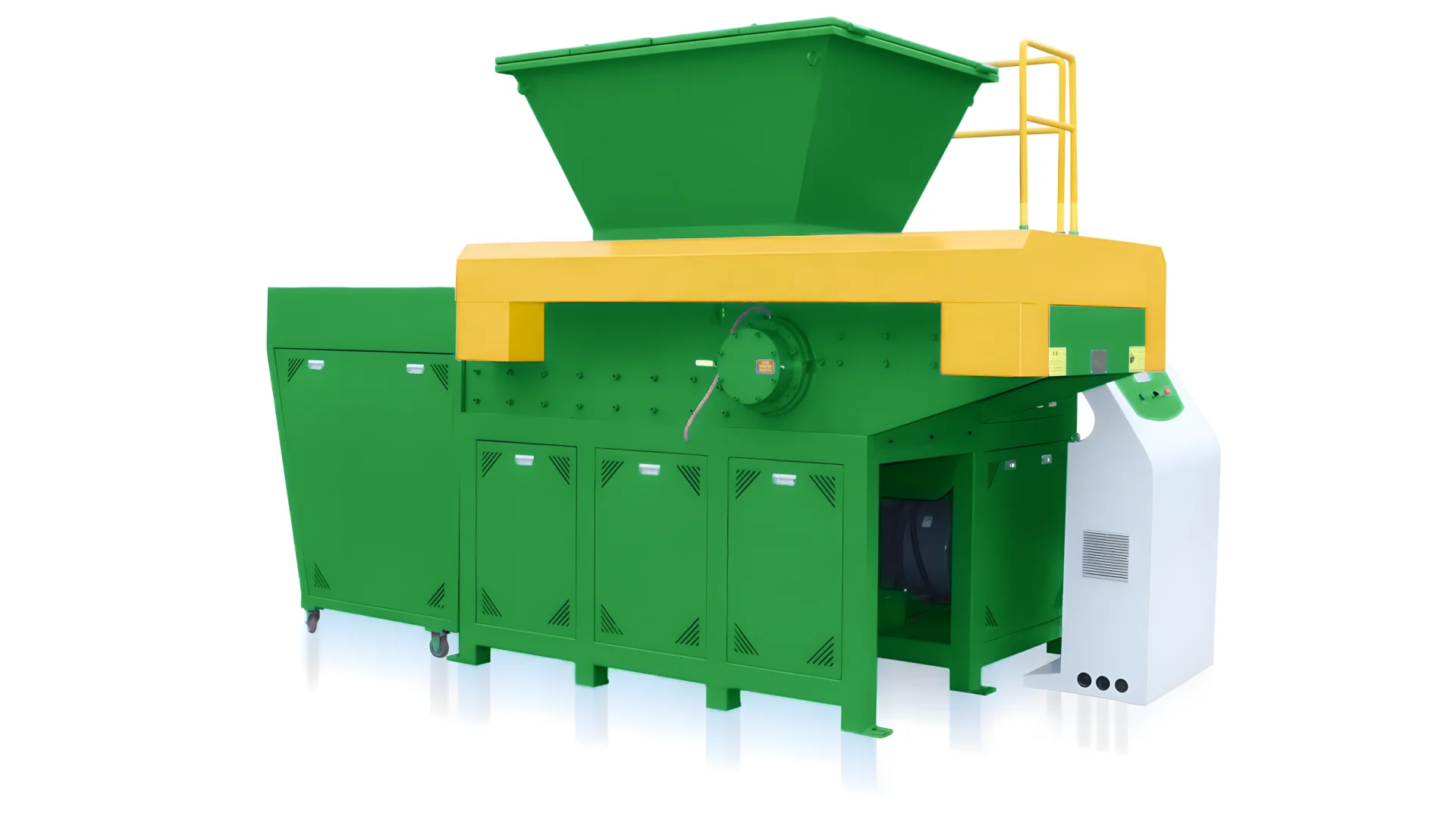 Large green and yellow industrial shredding machine