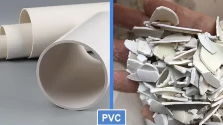 PVC-Rohrsegmente und geschreddertes PVC-Recyclingmaterial.