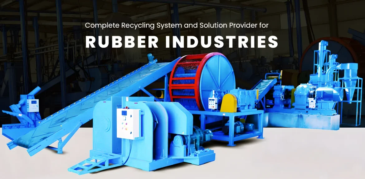 Rubber recycling machinery with a conveyor belt and various components, highlighted in blue, used for processing in the rubber industry. Text overlay reads "Complete Recycling System and Solution Provider for Rubber Industries."