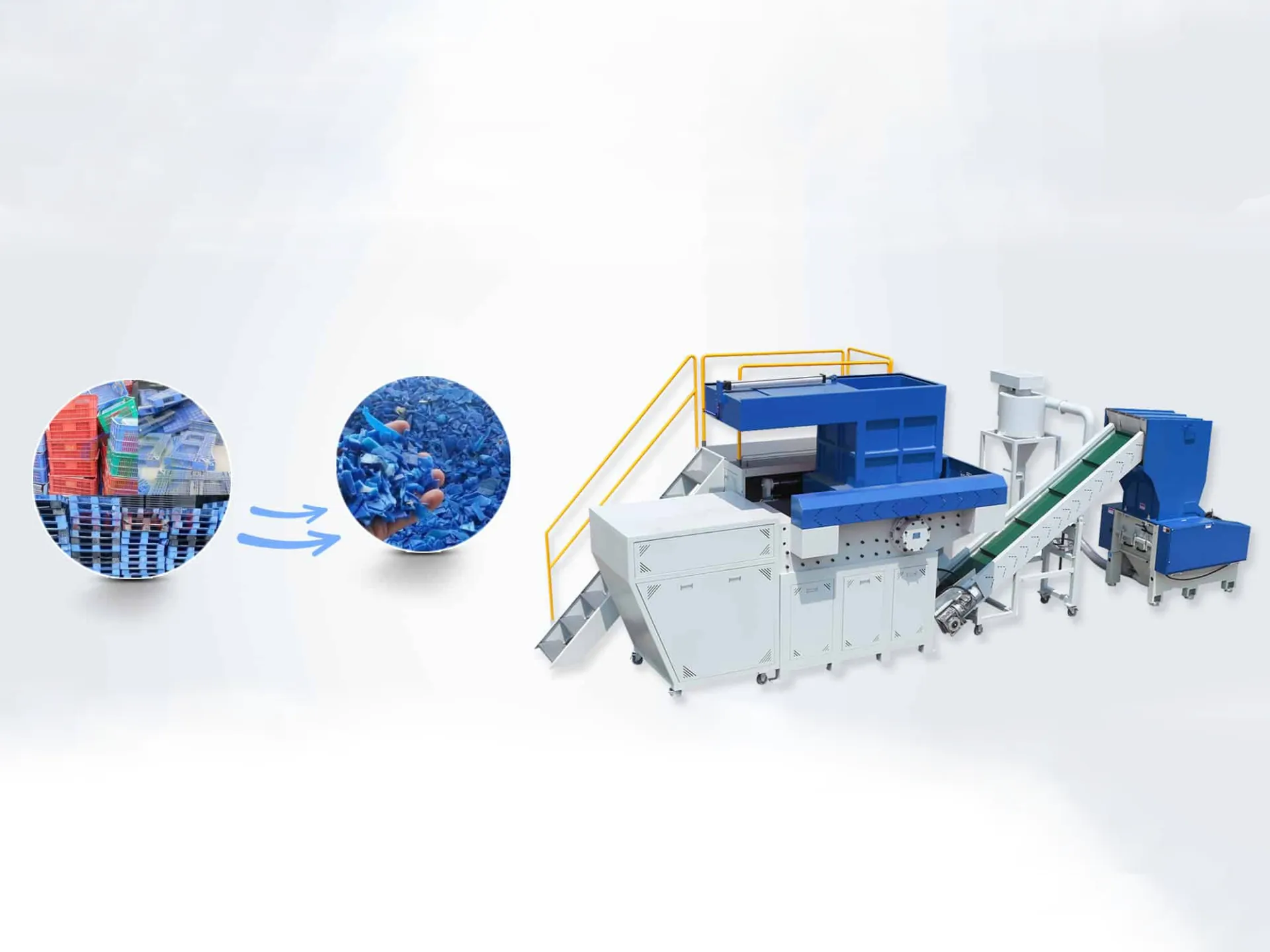 Industrial shredder machine for recycling hard plastic pallets into smaller pieces