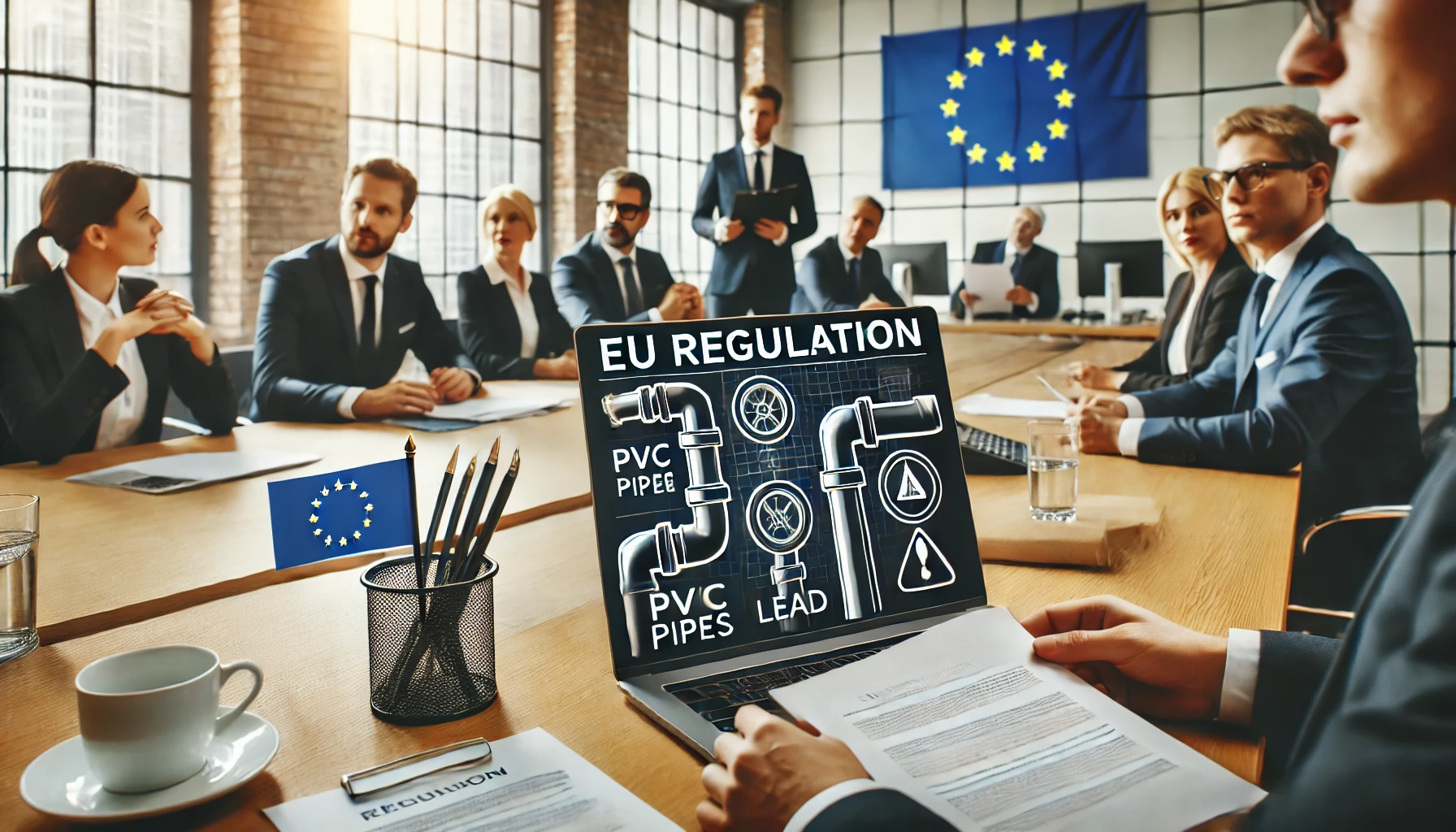 a business setting with office desks and computers, focusing on a serious discussion about new EU regulations. Show a digital document labeled 'EU Regulation' with a symbol of PVC pipes and a warning sign about lead. Include diverse business professionals in a modern office environment, with a European Union flag subtly in the background.