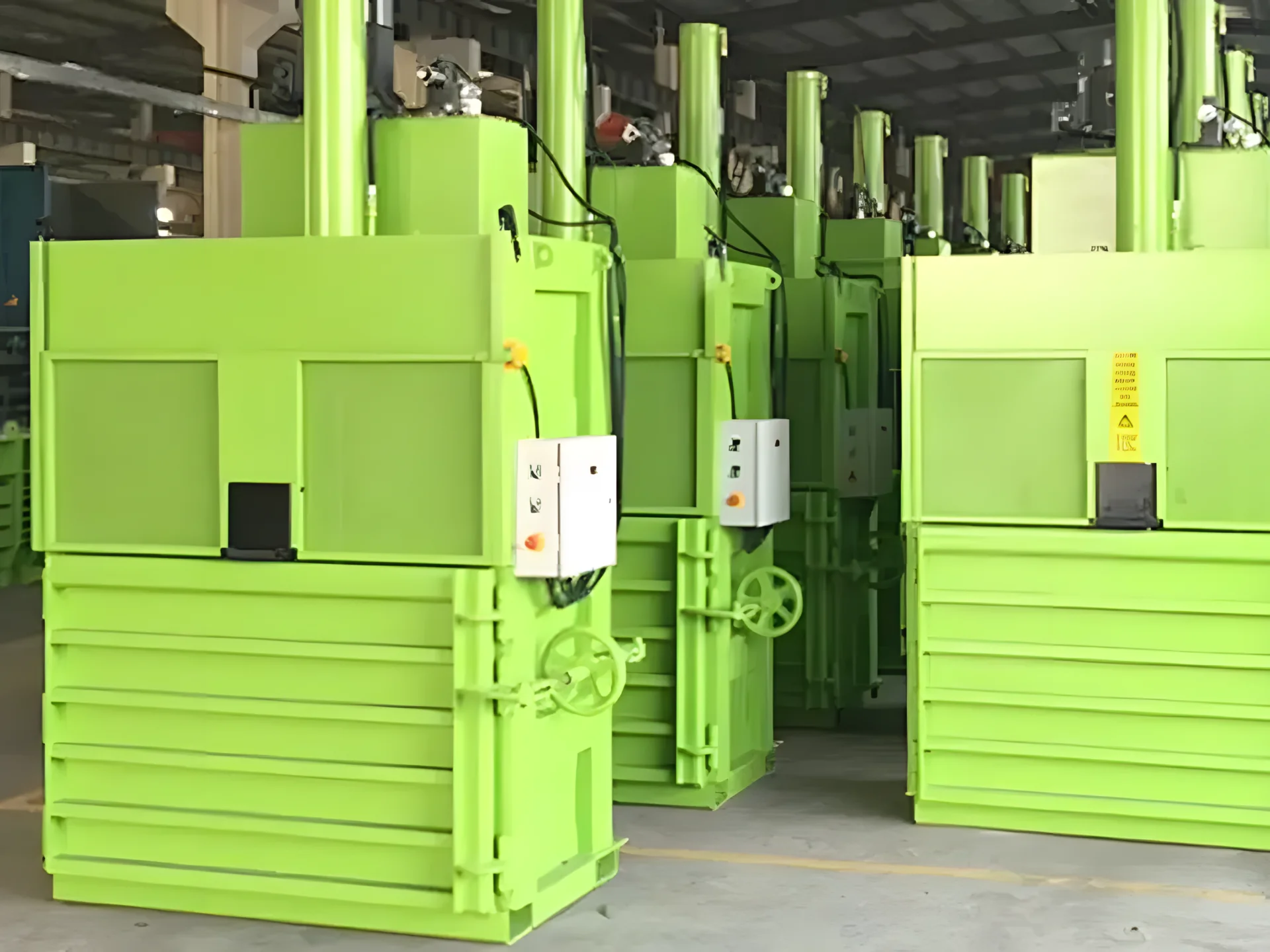 Green PET bottle baler machines in a recycling facility for compressing plastic waste.