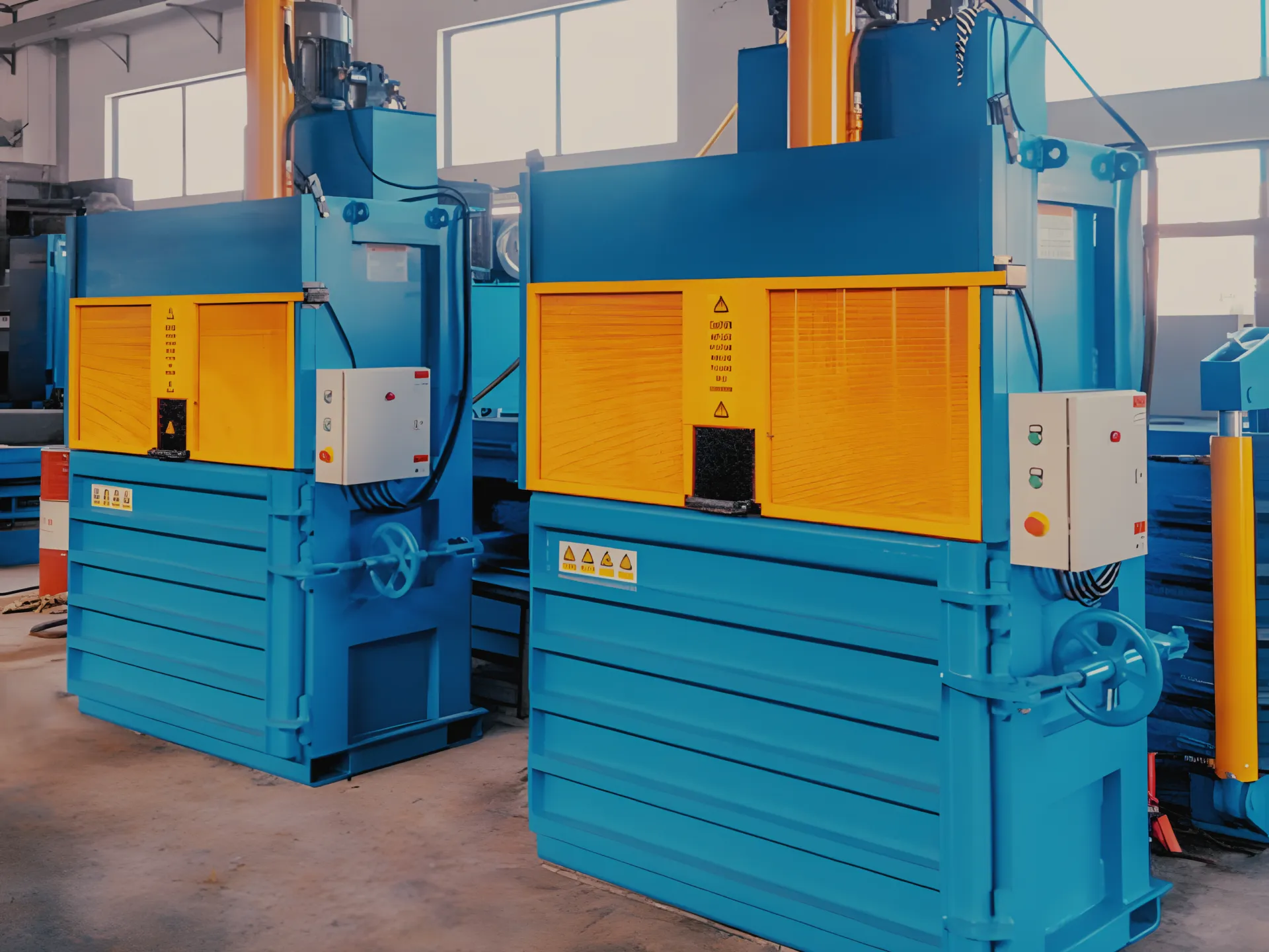 Industrial vertical balers in a recycling facility for waste management operations.