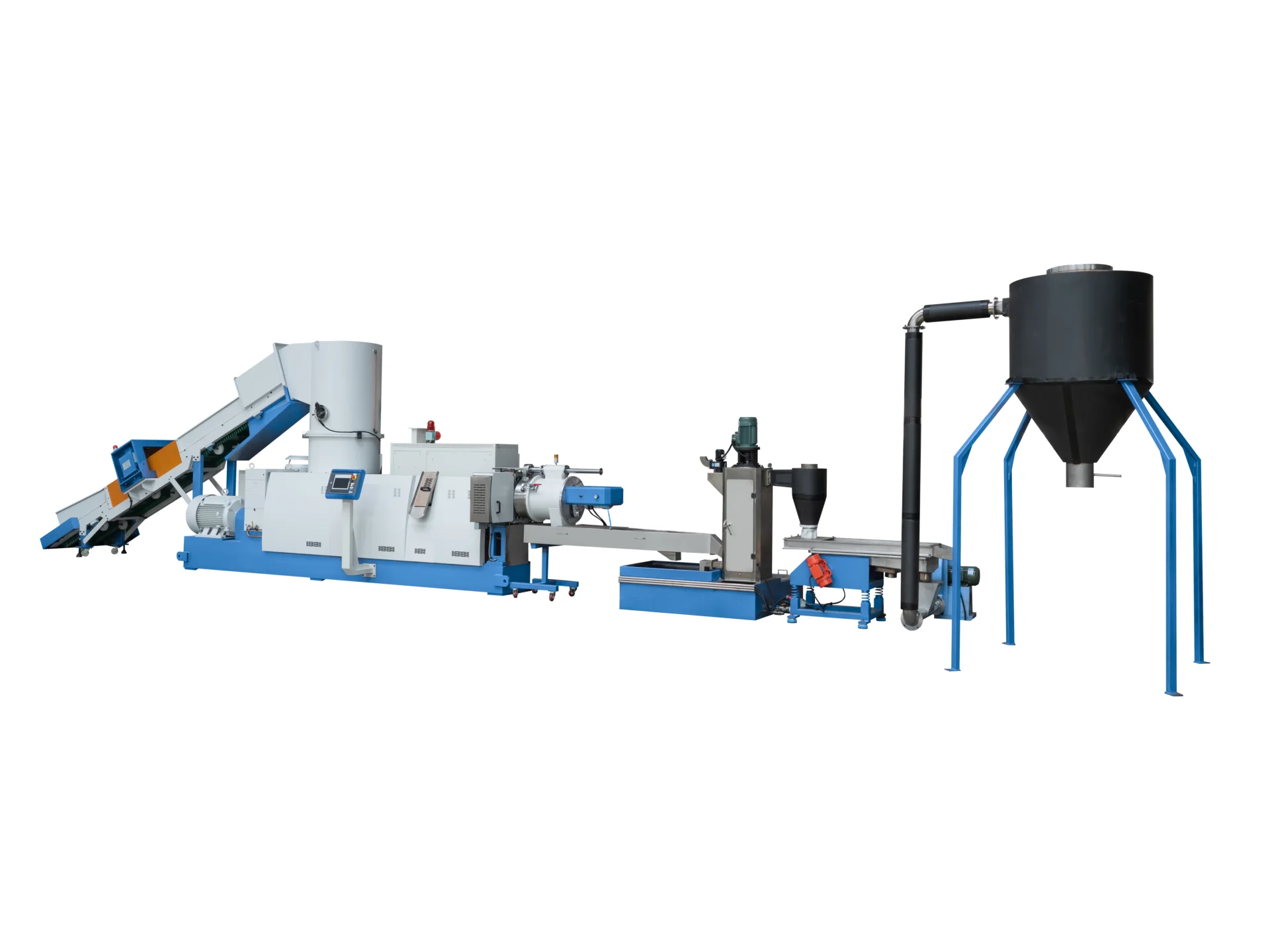 Plastic recycling machine with conveyor and extruder system for efficient waste processing.