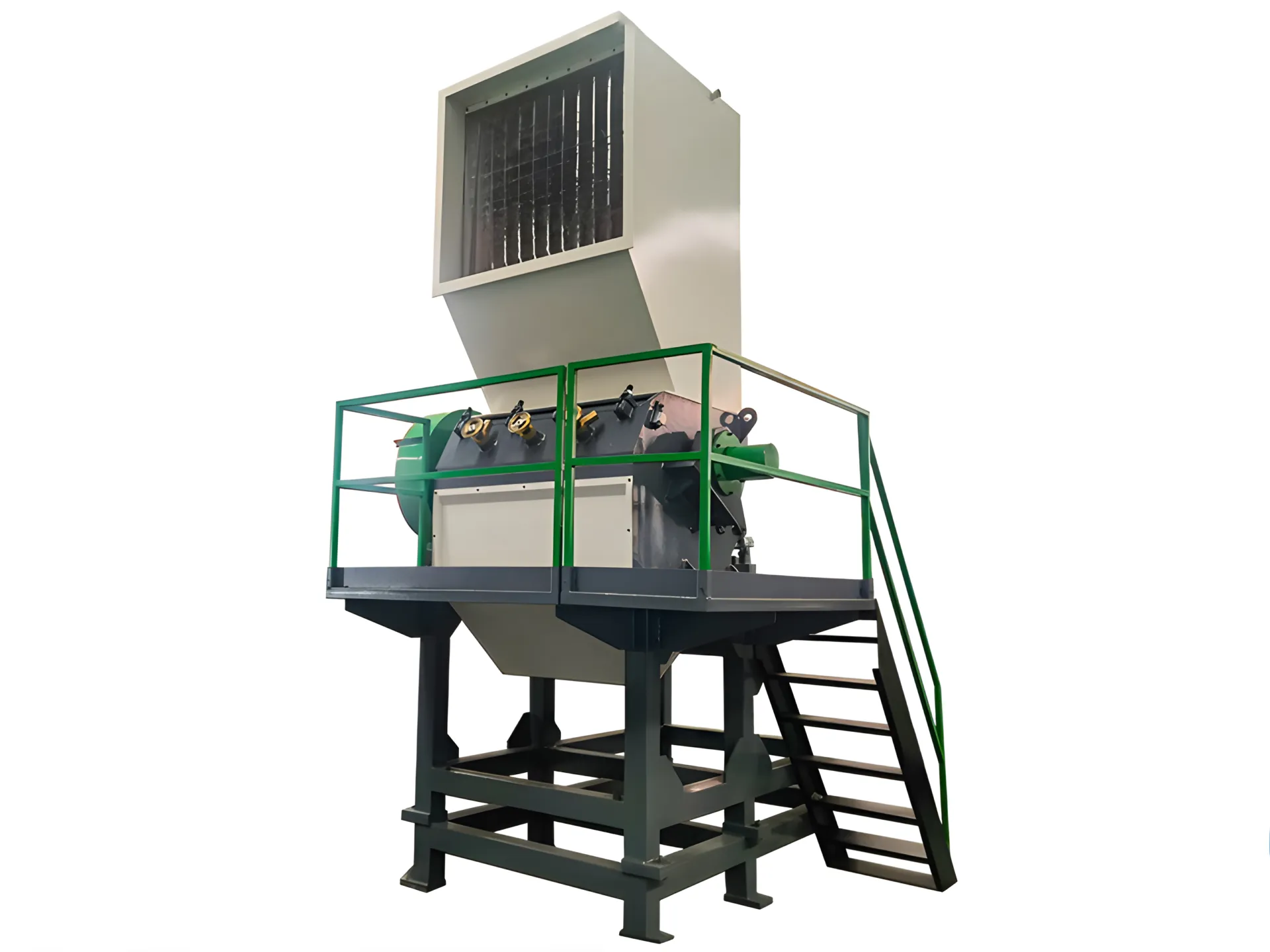 Industrial heavy-duty Granulator machine with safety railing and ladder for material processing.