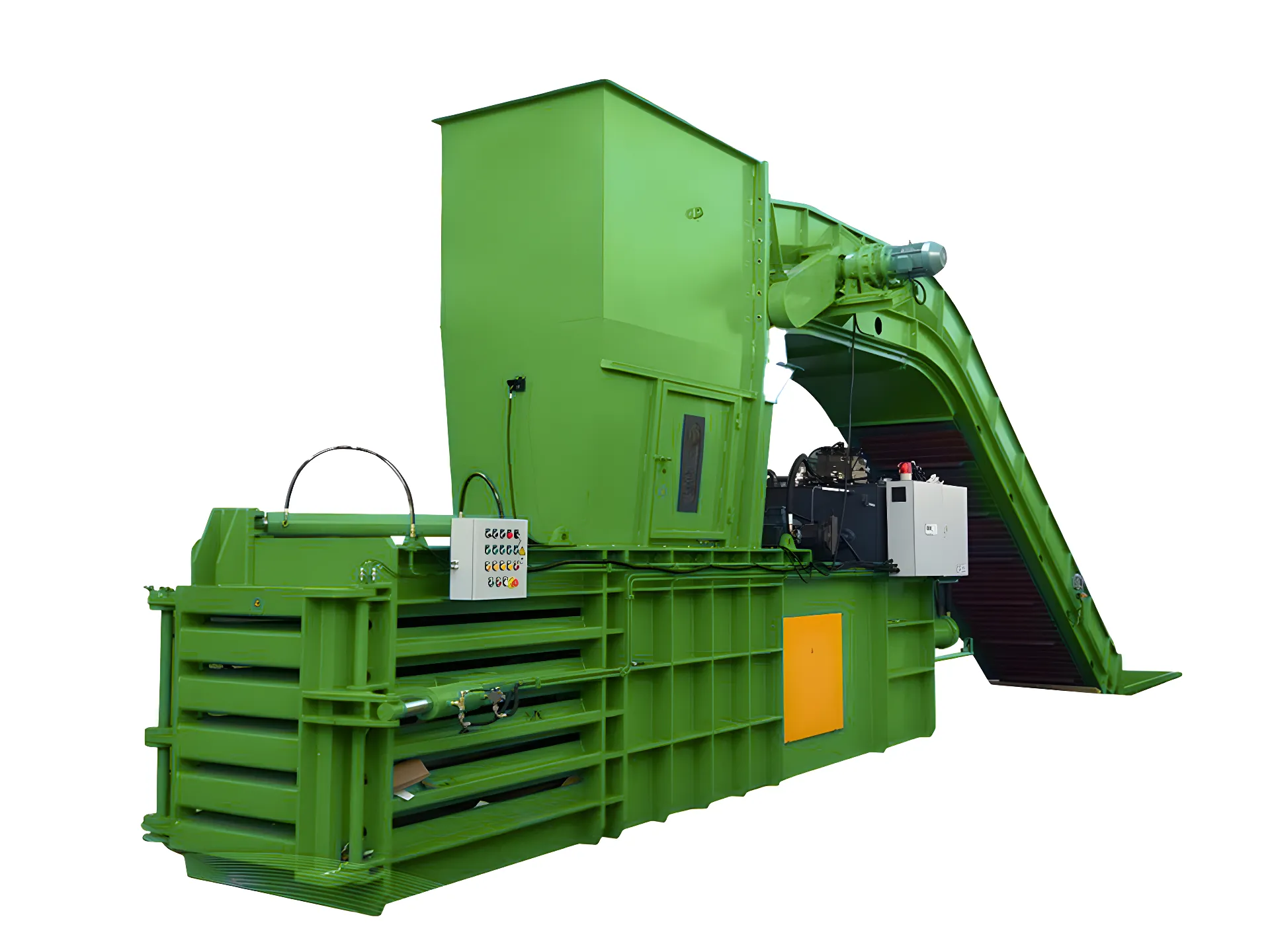 Automated horizontal baler with a conveyor, designed for efficient recycling operations.