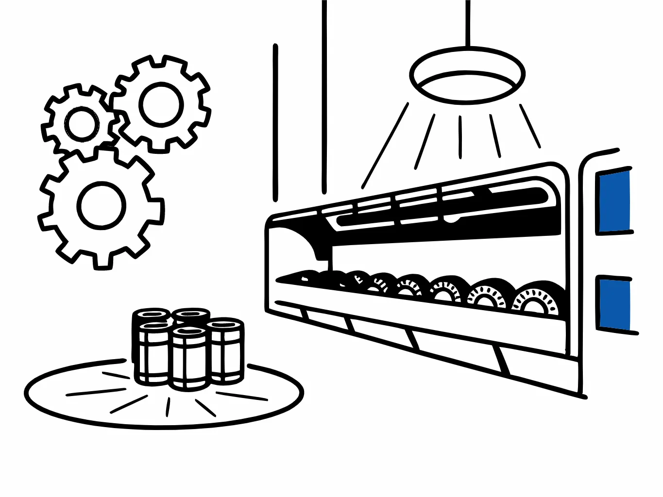 Detailed views of key mechanical parts like gears, conveyor syste